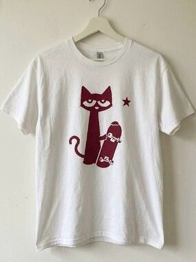 Gildan White Tee with Maroon Cat Skateboard Graphic